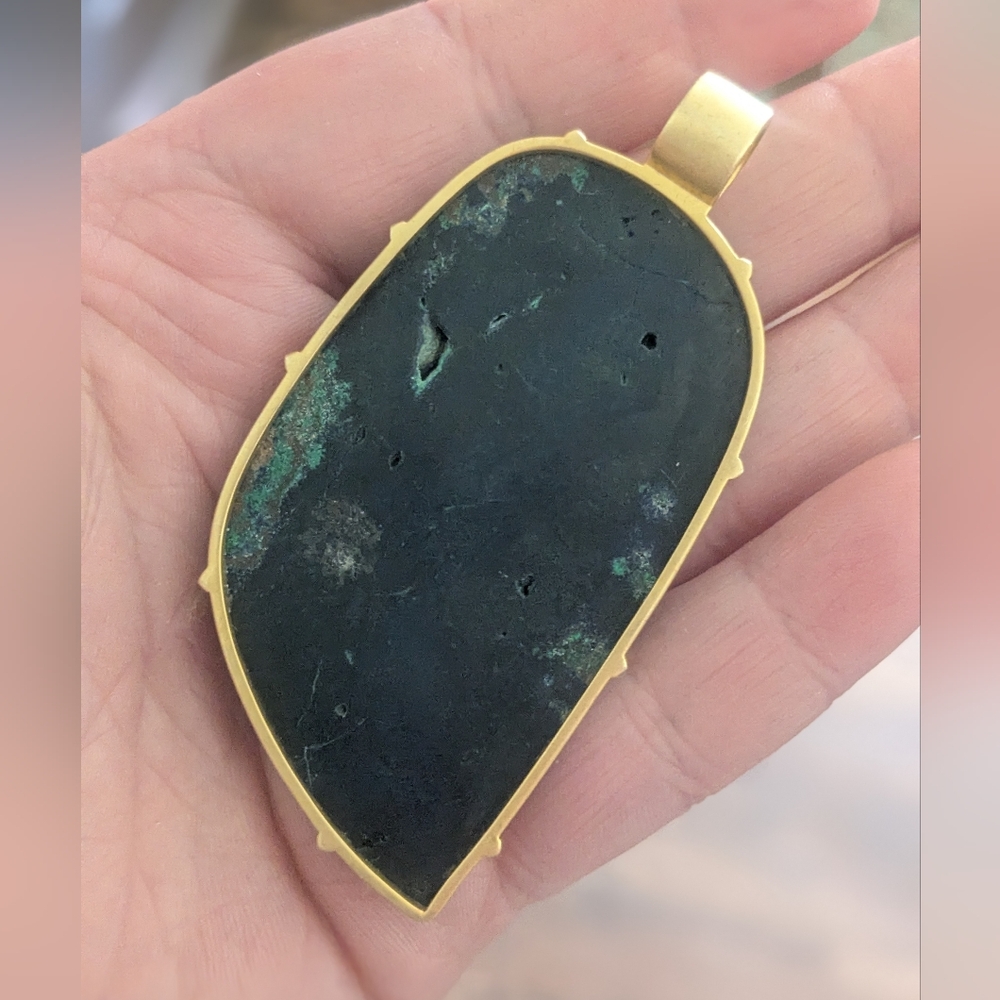 Amazing 10k Yellow Gold Diamond Bail Azurite Blue Gemstone Huge Pendant OOAK - Picture 12 of 16